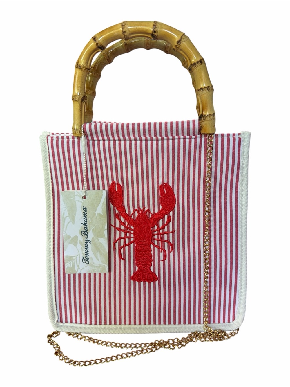 Tommy Bahama Red White Striped Lobster Bamboo Handle Tote Crossbody Bag